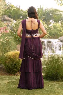 ready to wear wine georgette ruffle style lehenga saree with stitched embroidered blouse & belt 3