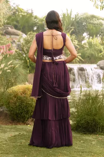 pre-stitched wine georgette ruffle style lehenga saree with stitched embroidered blouse & belt