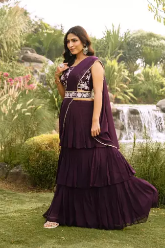 pre-stitched wine georgette ruffle style lehenga saree with stitched embroidered blouse & belt