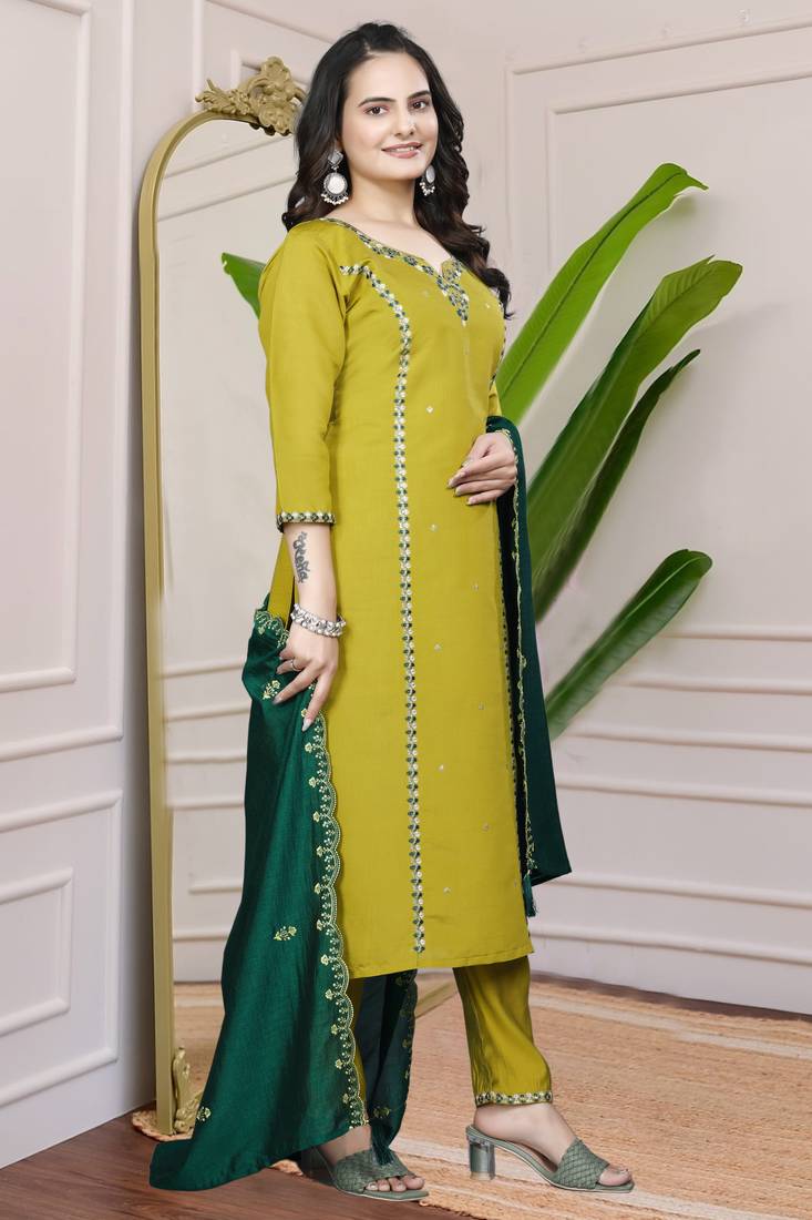 Roman Silk Fabric Kurti With Multi Sequence Work Dupatta, Pant     