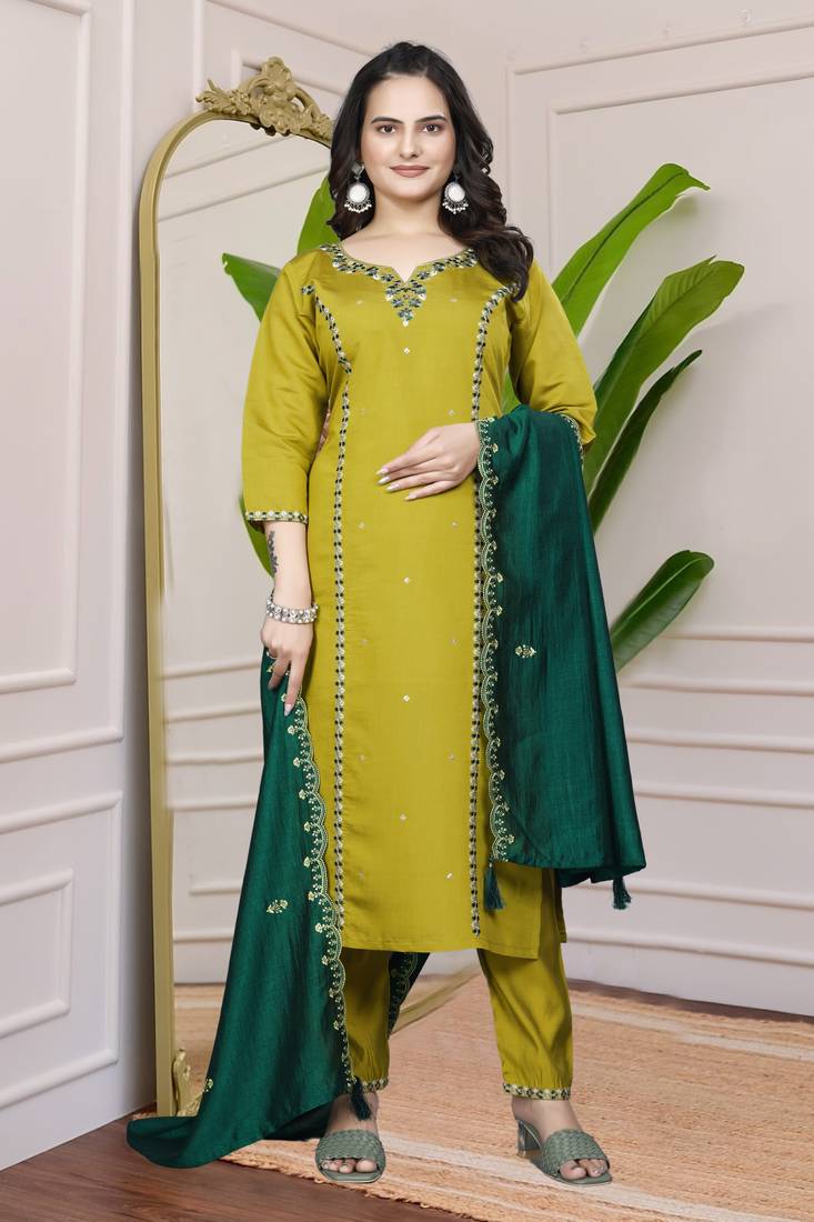 Roman Silk Fabric Kurti With Multi Sequin Work Dupatta & Pant