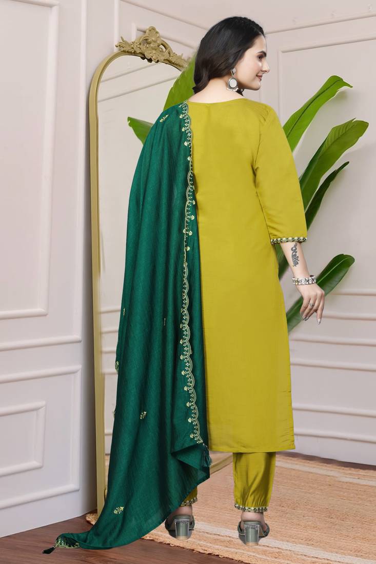 Roman Silk Fabric Kurti With Multi Sequin Work Dupatta & Pant