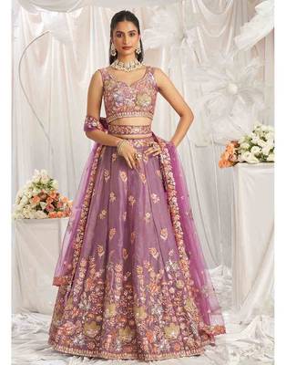 Designer Lavender Organza Sequins embroidery work lehenga choli  3