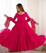 Rani pink roman silk chanderi with fully flair anarkali pant with dupatta