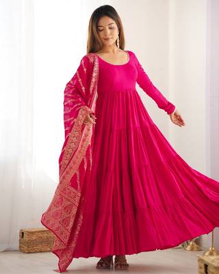 Rani pink roman silk chanderi with fully flair anarkali pant with dupatta 3