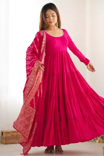 Rani pink roman silk chanderi with fully flair anarkali pant with dupatta