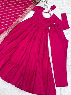 Rani pink roman silk chanderi with fully flair anarkali pant with dupatta 4