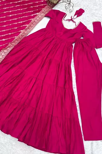 Rani pink roman silk chanderi with fully flair anarkali pant with dupatta