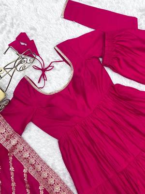 Rani pink roman silk chanderi with fully flair anarkali pant with dupatta 5