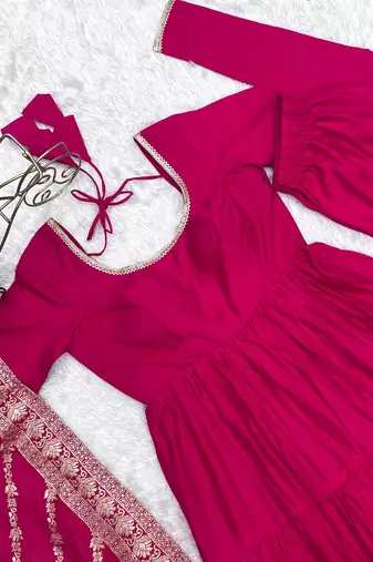 Rani pink roman silk chanderi with fully flair anarkali pant with dupatta