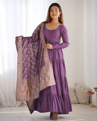 Mauve roman silk chanderi with fully flair anarkali pant with dupatta 1