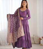 Mauve roman silk chanderi with fully flair anarkali pant with dupatta