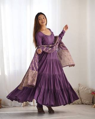 Mauve roman silk chanderi with fully flair anarkali pant with dupatta 3