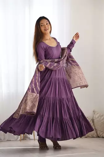 Mauve roman silk chanderi with fully flair anarkali pant with dupatta