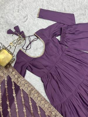 Mauve roman silk chanderi with fully flair anarkali pant with dupatta 4