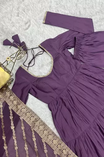 Mauve roman silk chanderi with fully flair anarkali pant with dupatta