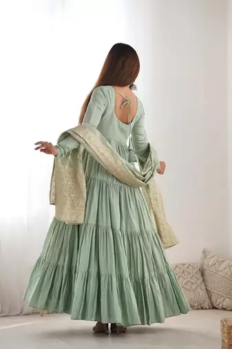 Pista roman silk chanderi with fully flair anarkali pant with dupatta