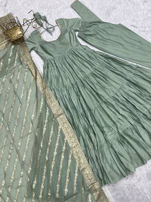 Pista roman silk chanderi with fully flair anarkali pant with dupatta 4