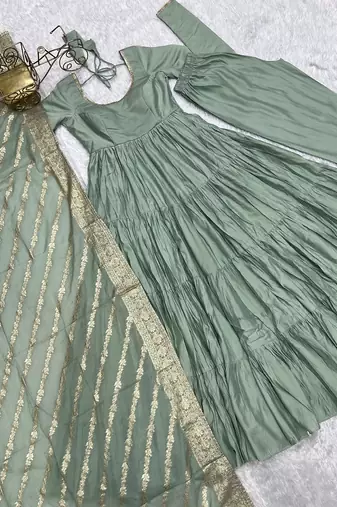 Pista roman silk chanderi with fully flair anarkali pant with dupatta