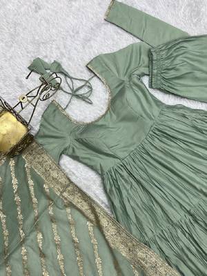 Pista roman silk chanderi with fully flair anarkali pant with dupatta 5