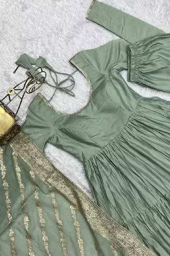 Pista roman silk chanderi with fully flair anarkali pant with dupatta