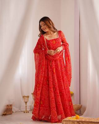 Red light weight chiffon bandhej design anarkali pant with dupatta 1