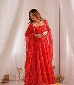 Red light weight chiffon bandhej design anarkali pant with dupatta