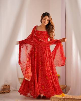 Red light weight chiffon bandhej design anarkali pant with dupatta 3