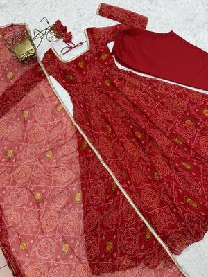 Red light weight chiffon bandhej design anarkali pant with dupatta 4