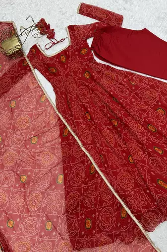 Red light weight chiffon bandhej design anarkali pant with dupatta