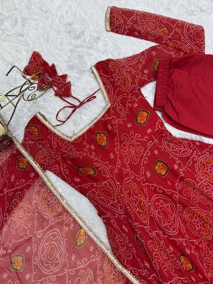 Red light weight chiffon bandhej design anarkali pant with dupatta 5