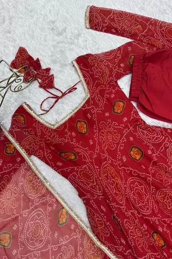 Red light weight chiffon bandhej design anarkali pant with dupatta