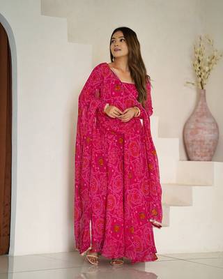 Rani pink lightweight chiffon bandhej design anarkali pant with dupatta 1