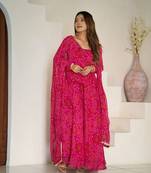 Rani pink lightweight chiffon bandhej design anarkali pant with dupatta