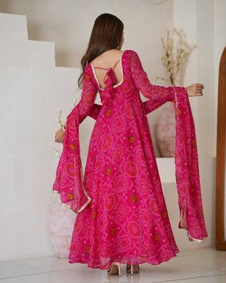 Rani pink lightweight chiffon bandhej design anarkali pant with dupatta 2