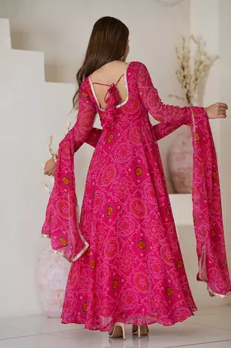 Rani pink lightweight chiffon bandhej design anarkali pant with dupatta