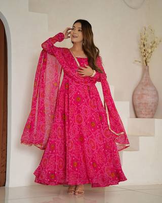Rani pink lightweight chiffon bandhej design anarkali pant with dupatta 3