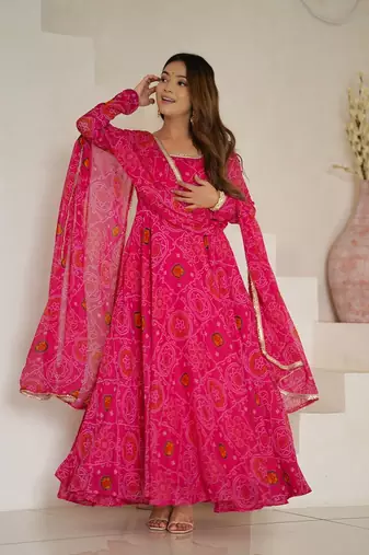 Rani pink lightweight chiffon bandhej design anarkali pant with dupatta