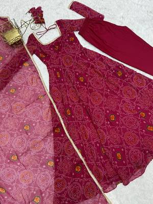 Rani pink lightweight chiffon bandhej design anarkali pant with dupatta 4