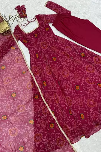 Rani pink lightweight chiffon bandhej design anarkali pant with dupatta