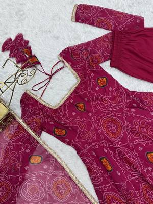 Rani pink lightweight chiffon bandhej design anarkali pant with dupatta 5
