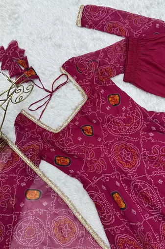 Rani pink lightweight chiffon bandhej design anarkali pant with dupatta