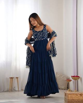 Teal blue heavy faux georgette fully flair anarkali pant with dupatta 1