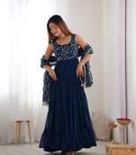 Teal blue heavy faux georgette fully flair anarkali pant with dupatta