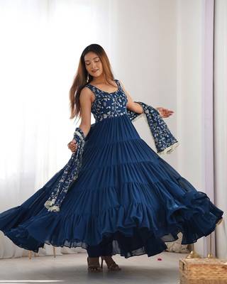 Teal blue heavy faux georgette fully flair anarkali pant with dupatta 2