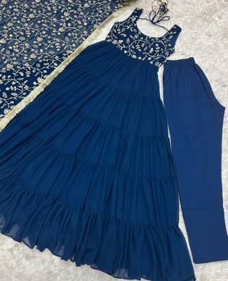 Teal blue heavy faux georgette fully flair anarkali pant with dupatta 4