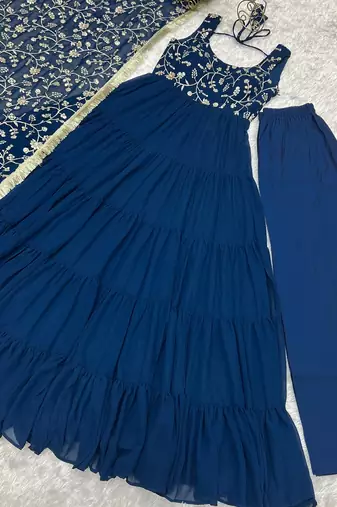 Teal blue heavy faux georgette fully flair anarkali pant with dupatta
