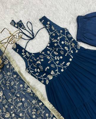 Teal blue heavy faux georgette fully flair anarkali pant with dupatta 5