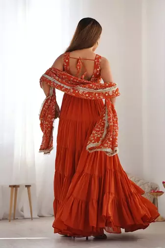 Rust heavy Faux georgette fully flair anarkali pant with dupatta