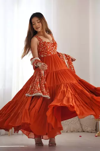 Rust heavy Faux georgette fully flair anarkali pant with dupatta